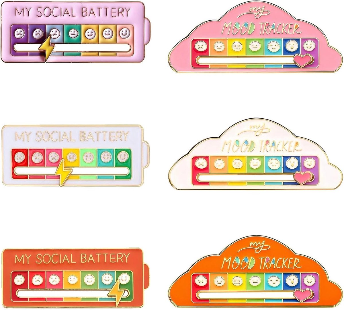 6 stuks sociale batterij pin, grappige broche, sociale batterij pin, slider sociale batterij badge, interactieve stemmingsspelden, voor sieraden, decoratie, spelden, wit, roze, oranje