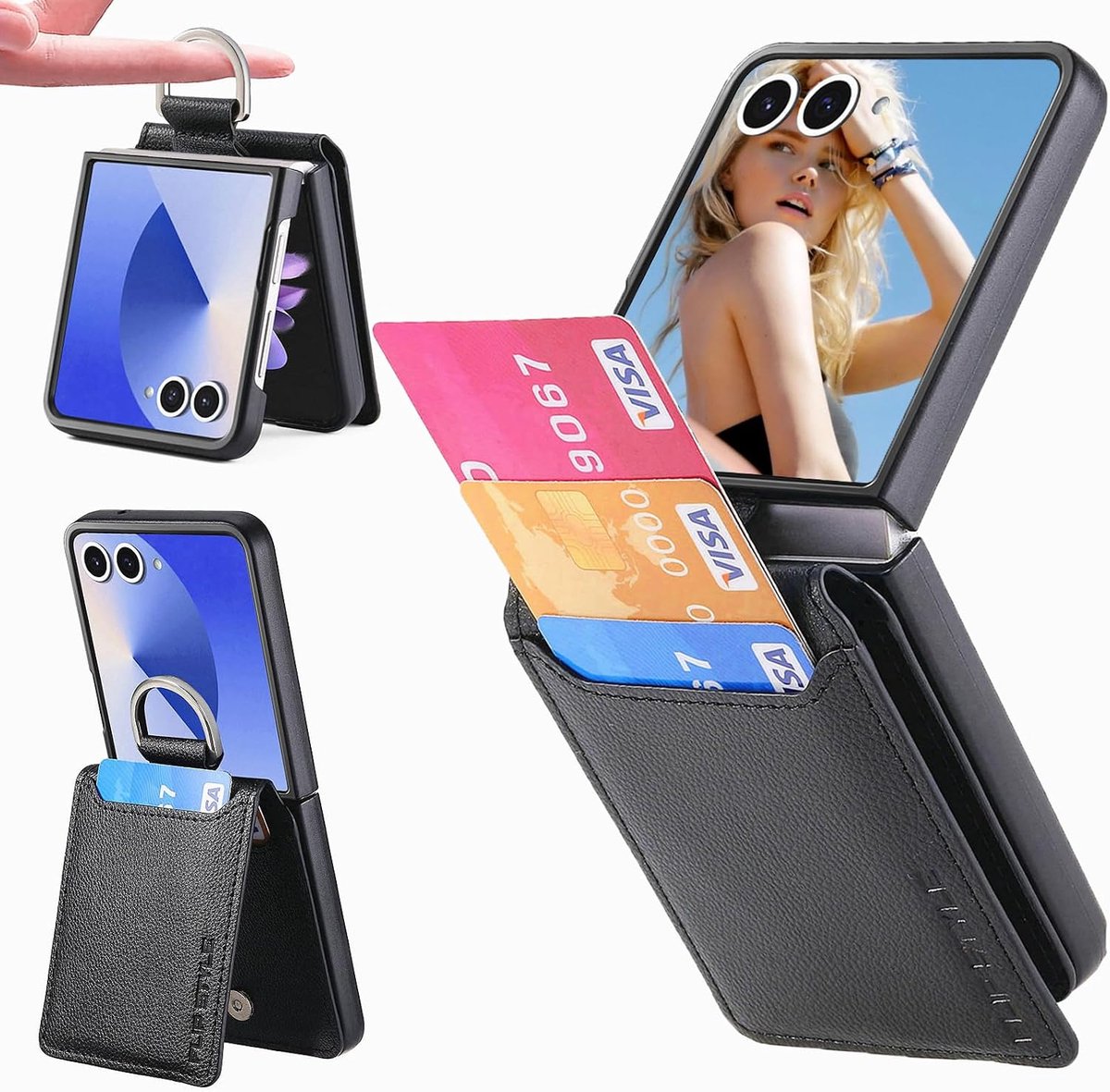 Hoesje met Kaartsleuven, PU Leer Portemonnee met Ringhouder Flip Telefoonhoesje voor Samsung Galaxy Z Flip 7 ZHQ Black