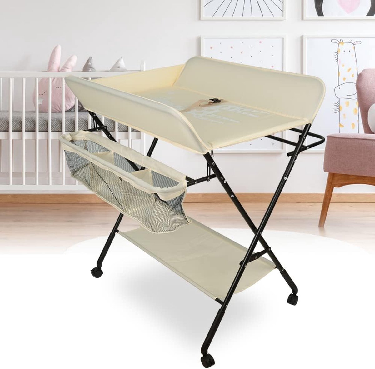 Opvouwbare commode, mobiele commode met aankleedkussen, veiligheidsgordel en opbergvakken (A,Beige)