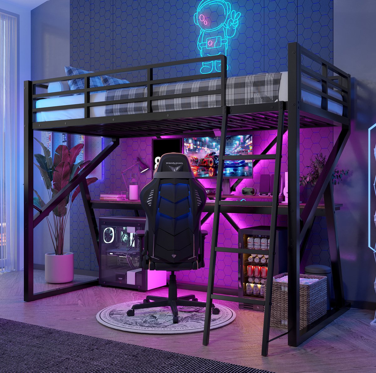 WUVRIE Hoogslaper 90 x 200 cm met bureau, trap, uitvalbeveiliging en meerkleurige LED-verlichting, zwart