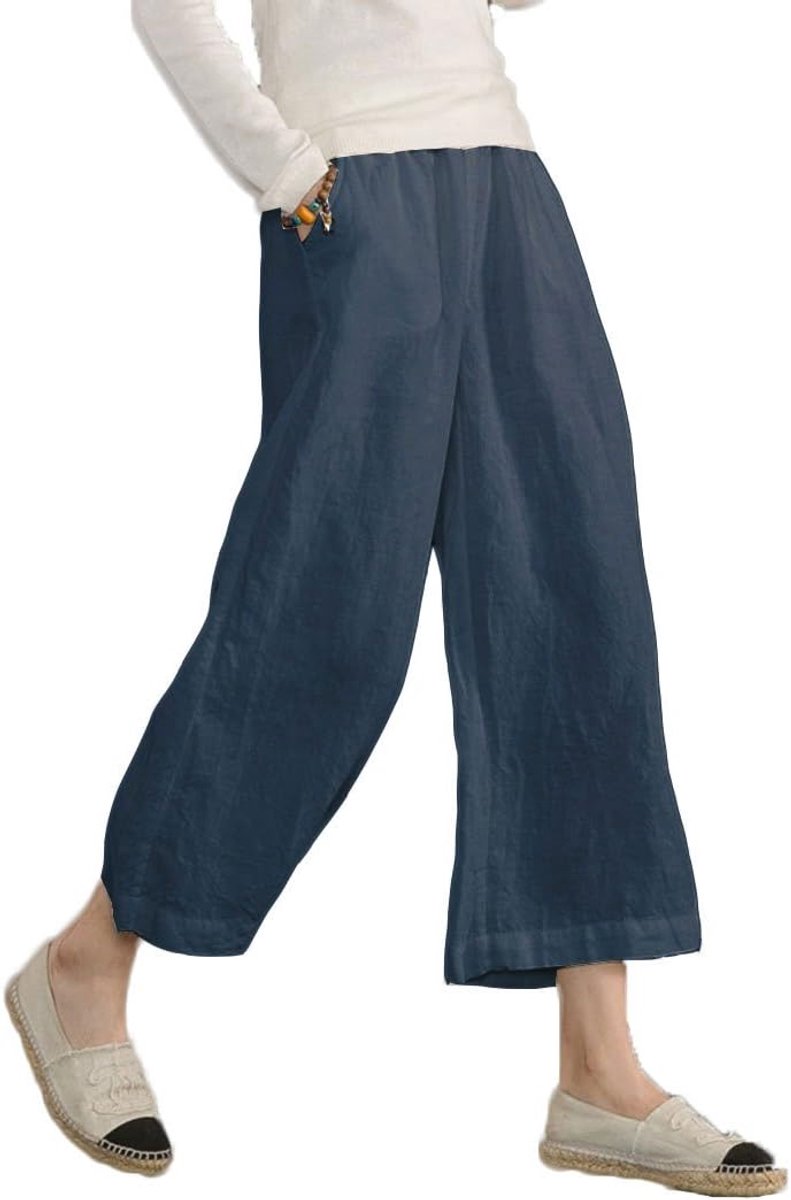 Damesbroek, vloeiend, breed, grote maat, zomer, katoen, casual, getrimd 7/8, Donkerblauw, 36/38 NL L