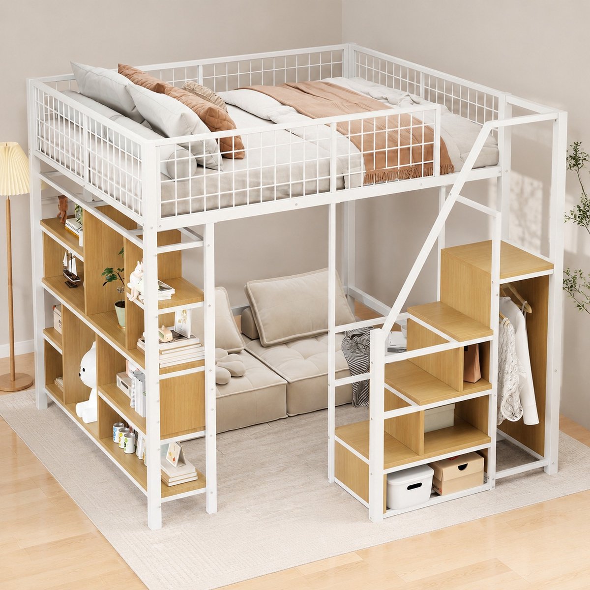 WUVRIE Hoogslaper 140 x 200 cm met opbergtrap, opbergvakken en lattenbodem, wit