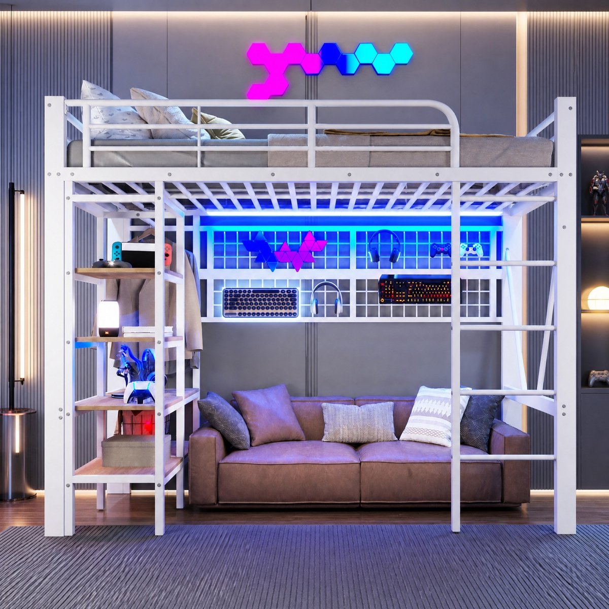 WUVRIE Hoogslaper 90 x 200 cm met LED-verlichting, opbergvak, hangnet en kledingstang, wit