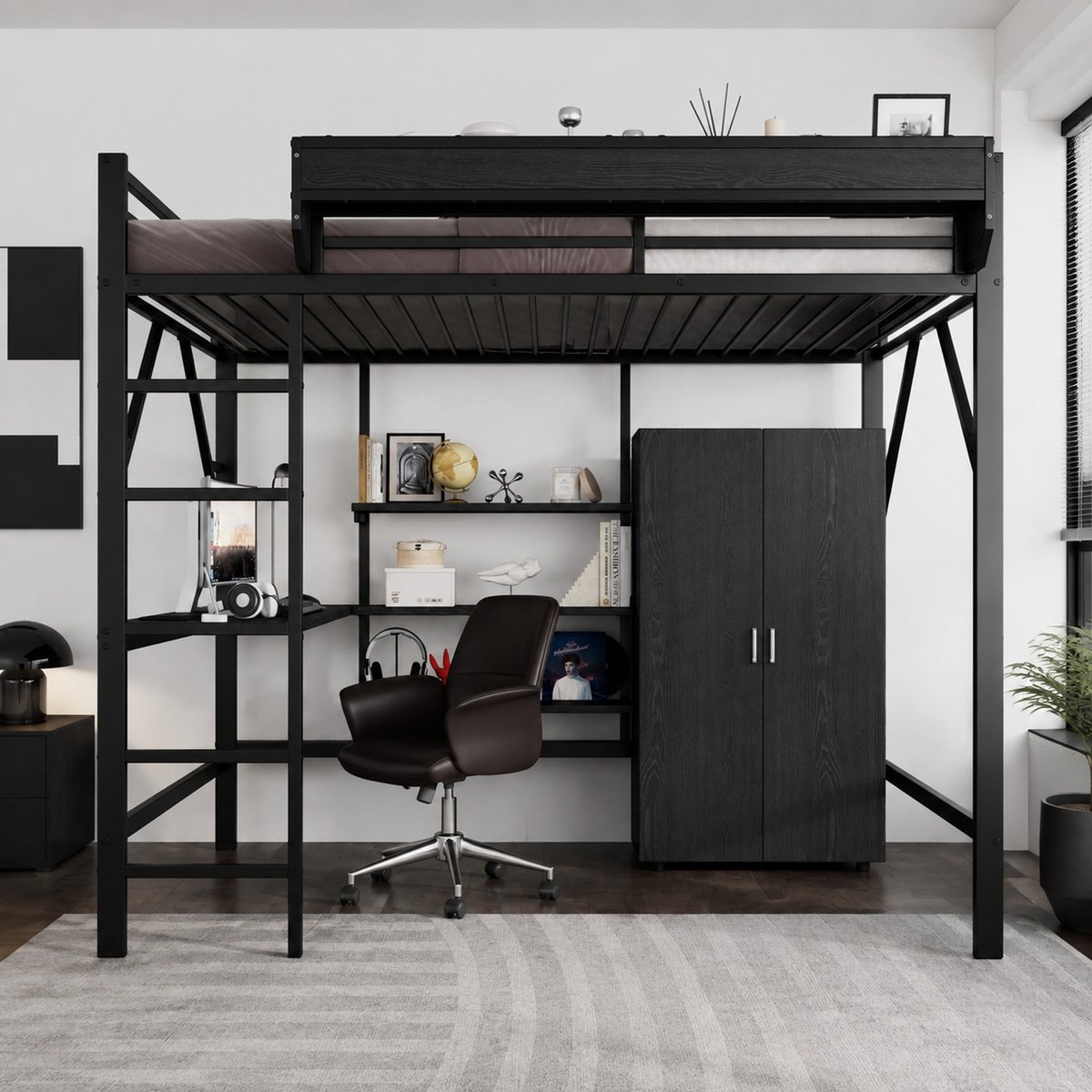 WUVRIE Hoogslaper 140x200 cm met bureau, kledingkast, opbergruimte en ladder, zwart