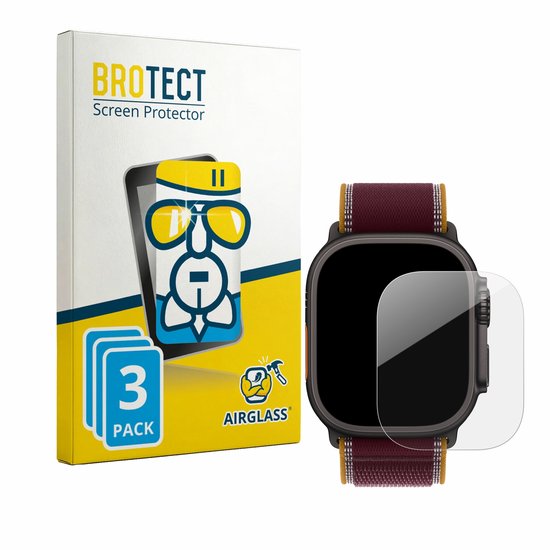 Doosje met 3 screenprotectors van BROTECT Airglass voor Apple Watch Ultra 4 (49 mm) met een donkerrood met gele band.