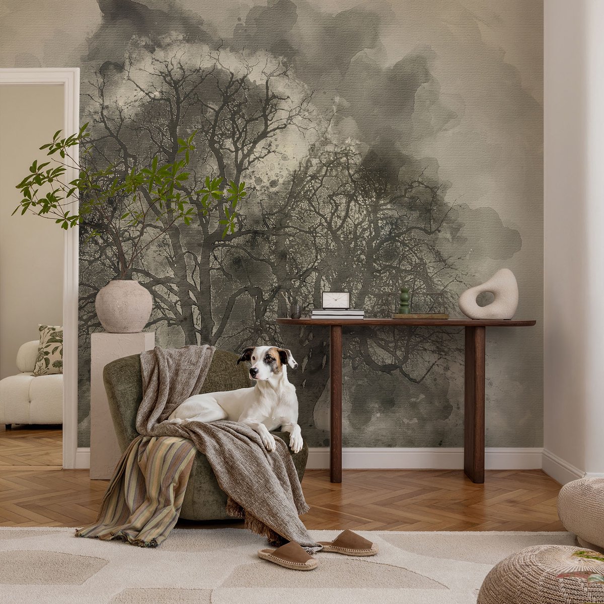 Coloray Vliesbehang - Zwart Snellijm Behang - 104x70 cm - Mysterieuze Bomen Muurschildering - Gang behang Bloemen En Planten - Fotobehang Vlies - Slaapkamer behang