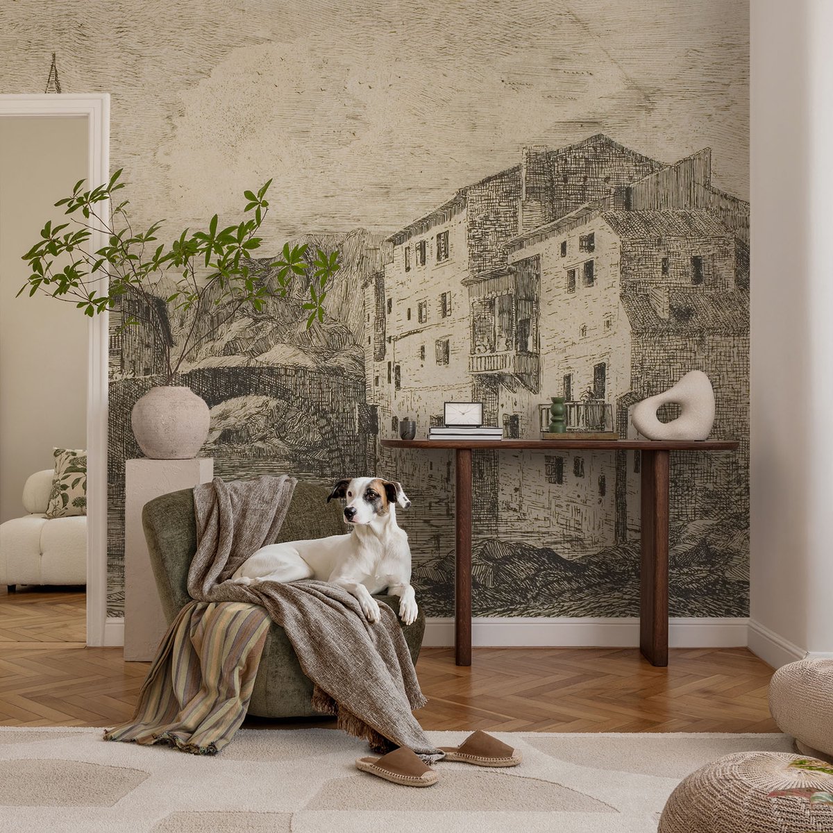 Coloray Vliesbehang - Grijs Snellijm Behang - 104x70 cm - Stadspanorama Fotobehang Vlies - Woonkamer behang Architectuur - Muurschildering - Woonkamer behang
