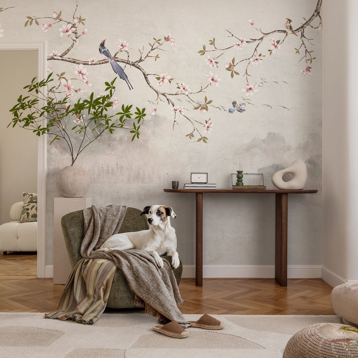 Coloray Vliesbehang - Beige Snellijm Behang - 104x70 cm - Oosters Landschap Muurschildering - Gang behang Bloemen En Planten - Fotobehang Vlies - Slaapkamer behang