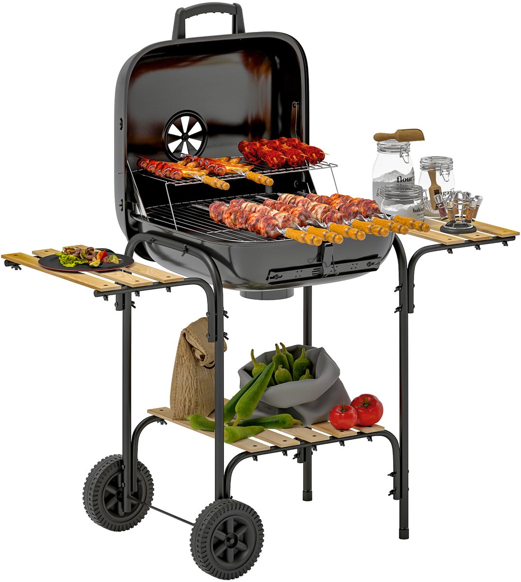 Houtskoolgrill van staal-grillwagen met afsluitbaar deksel-grillrooster-wielen-handvat-houten plank-98 x 54 x 91 cm-zwart