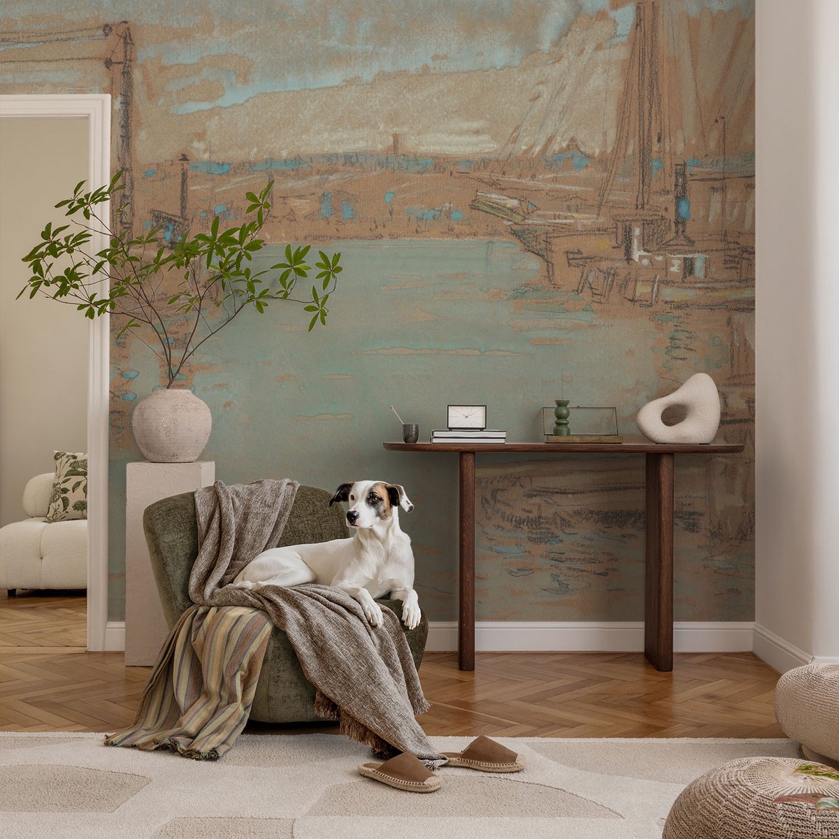 Coloray Vliesbehang - Bruin Snellijm Behang - 104x70 cm - Uitzicht Vanuit De Haven Fotobehang Vlies - Woonkamer behang Landschappen - Muurschildering - Woonkamer behang