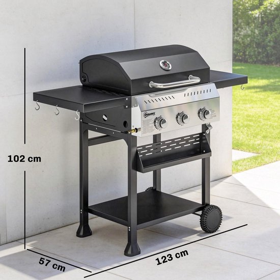 Gasbarbecue 9 kW met 3 branders-roestvrijstalen barbecuewagen-inclusief inklapbaar bijzettafeltje-kruidenhouder-onderste plank en 6 haken. — afbeelding 5
