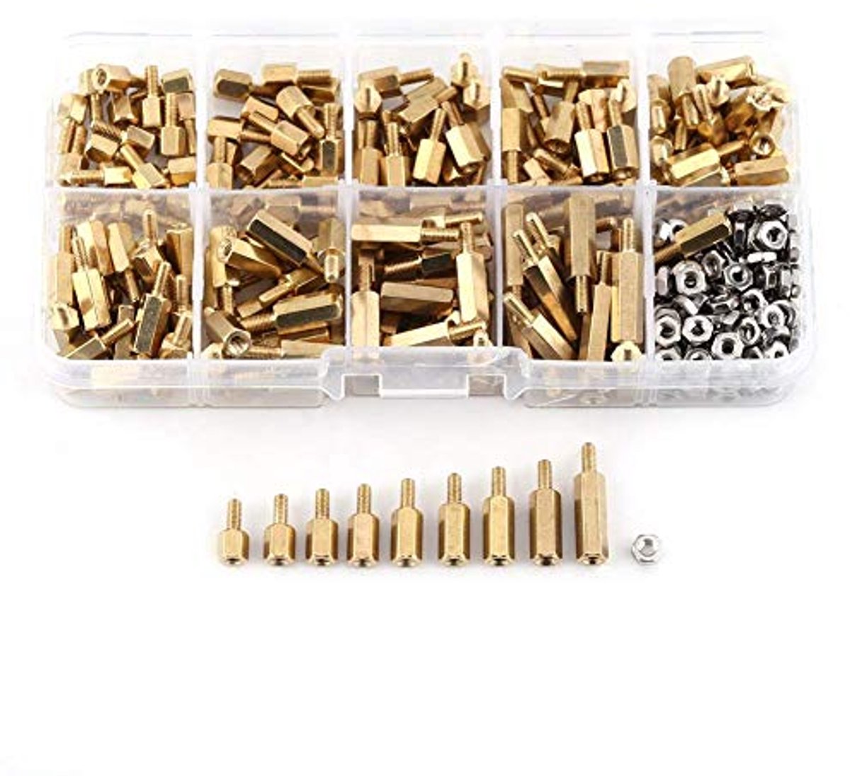 360 stks M2.5 Messing Mannelijk-Vrouwelijke Standoff en Rvs Hex Noten Assortiment Kit PCB Board Reparatie Accessoire met Opbergdoos
