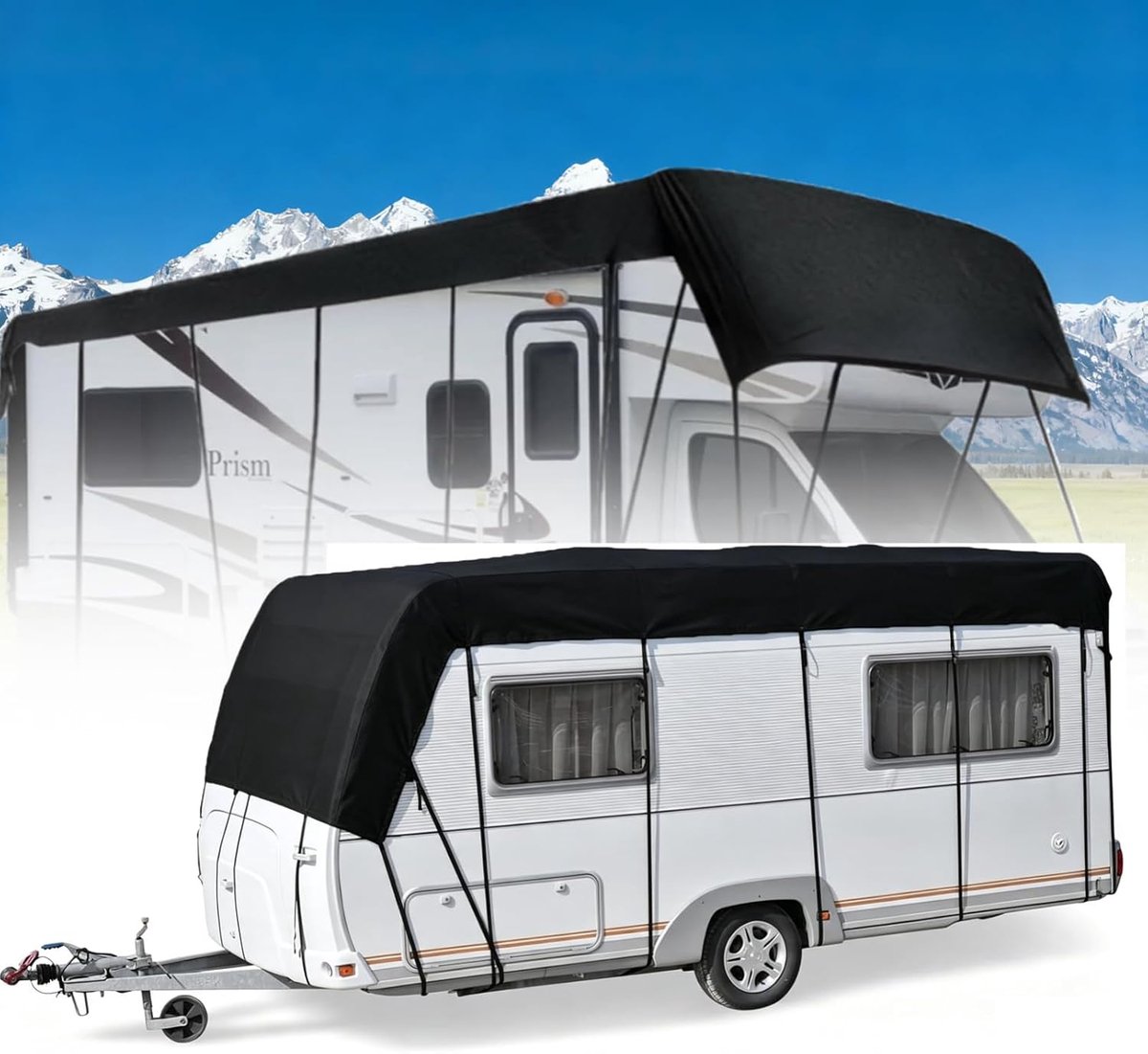 Beschermhoes voor camper, 210D Oxford-stof, waterdicht, beschermhoes voor caravans, winddicht, regenbestendig, zonwerend, caravan, beschermhoes, afdekzeil, zwart, 7,5 x 3 m