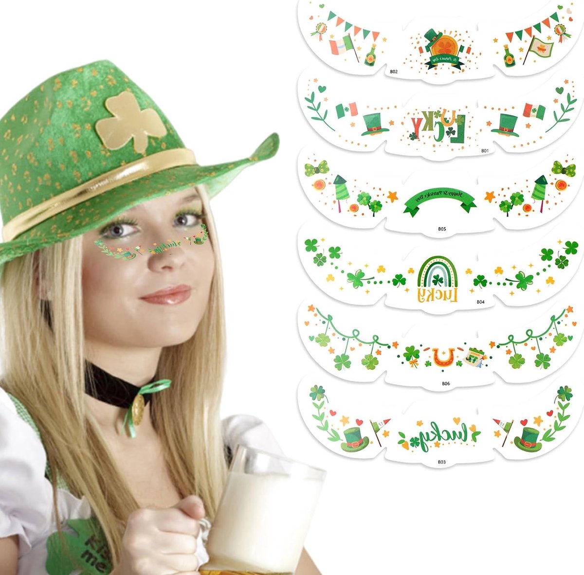 6 Stuks St. Patrick's Day Sproet Tattoo Stickers, Groene Klaver Glitter Tijdelijke Tattoos St. Patrick's Day Gezichtsstickers voor Vrouwen Ierse Feest Make-Up en Kostuum Accessoires