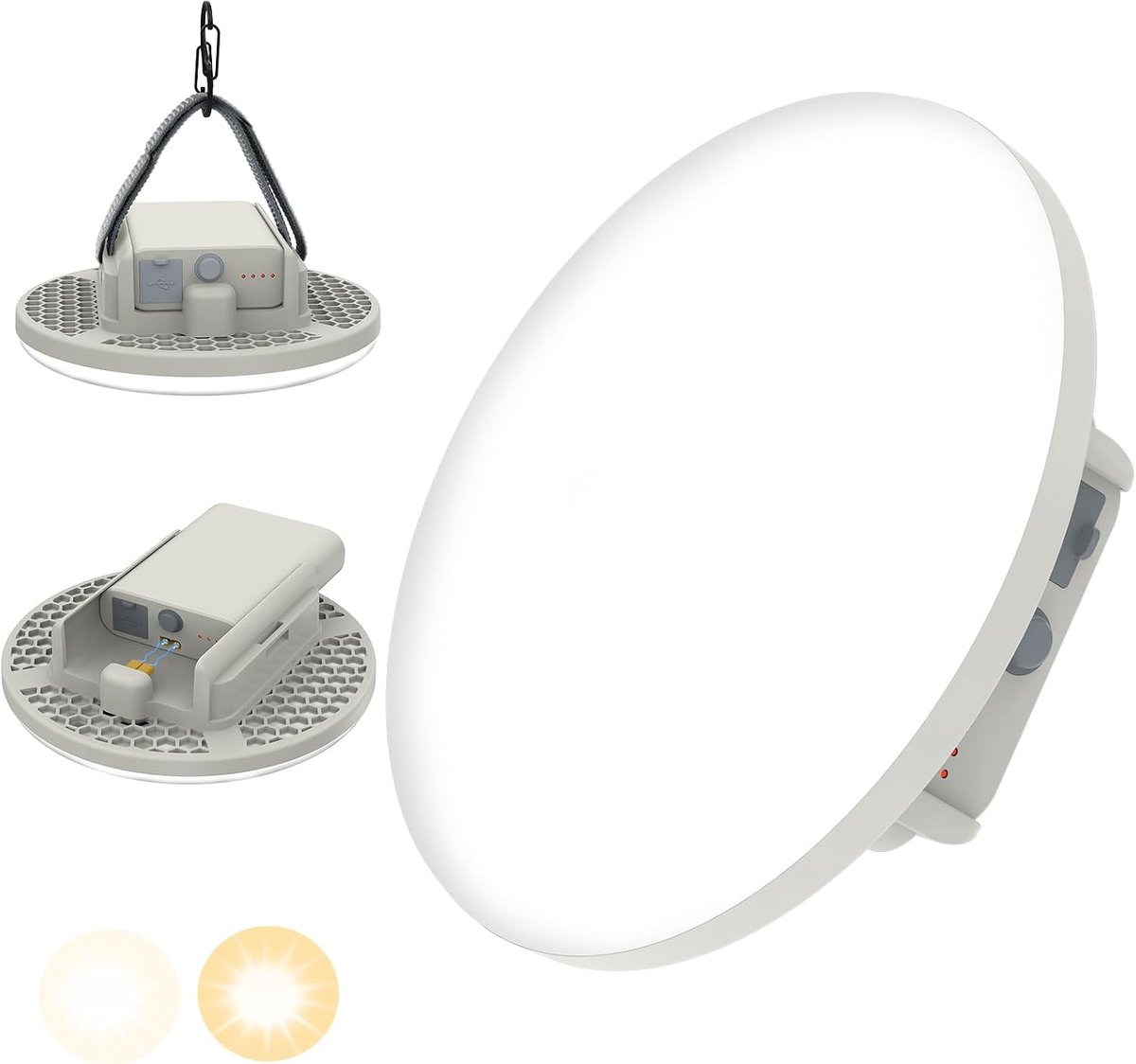 7200 mAh campinglamp, campinglamp, led-accu, oplaadbaar met warm en wit licht, oneindig dimbaar, campinglantaarn met haakband en klimkarabijnhaak (wit)