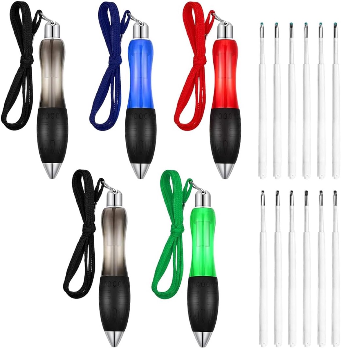 5 stuks ergonomische balpen set (2 zwart 1 rood 1 groen 1 blauw) + 12 reservevullingen (6 zwart 6 blauw), zachte rubberen grip voor comfortabel schrijven, ideaal voor kantoor en school