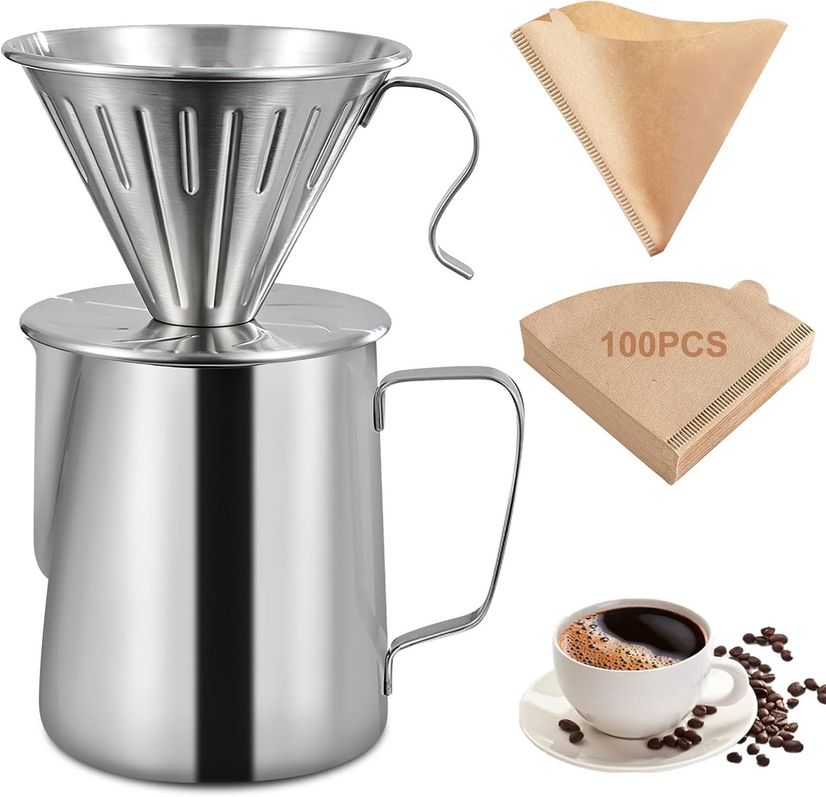 Over koffiezetapparaat, roestvrij staal, met koffiefilterhouder, 100 papieren filters en 600 ml melkopschuimer voor thuis, kantoor, camping, druppelkoffieset