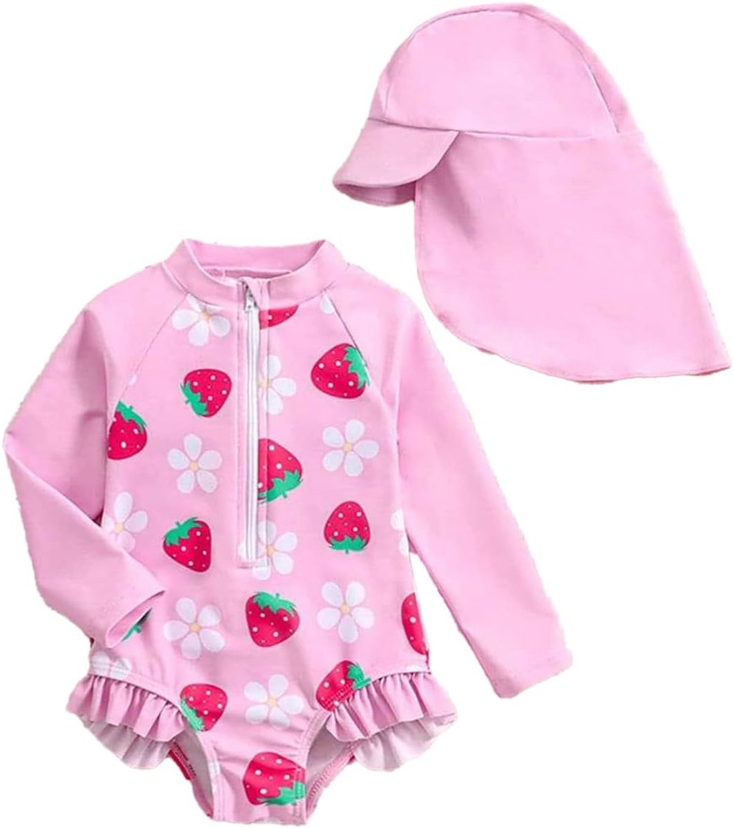 Badpak voor babymeisjes, met strepen, schattig, lange mouwen, eendelig, rashguard met zonnehoed, ritssluiting, badkleding, strandmode