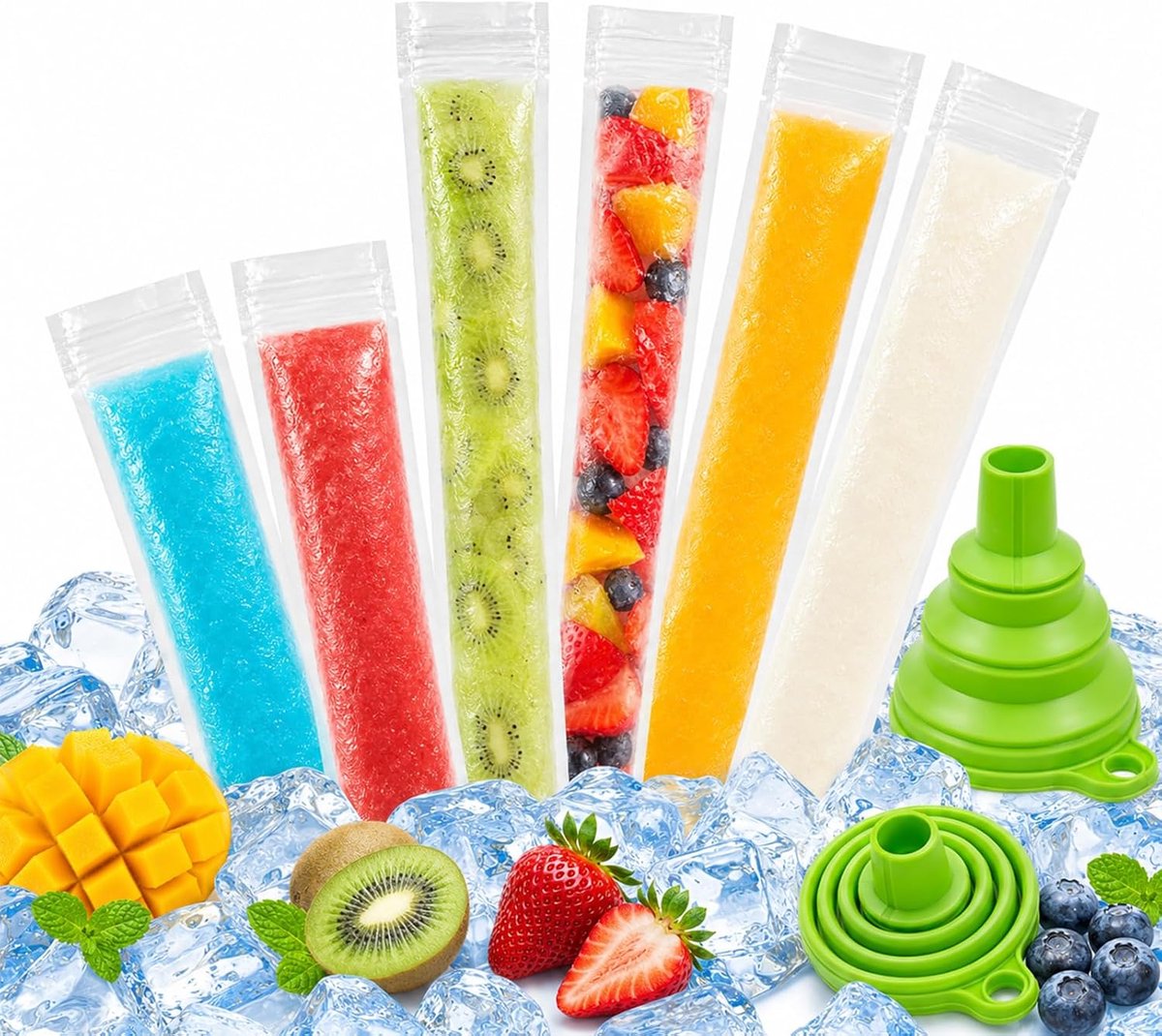 200 stuks waterijszakken, waterijsvormen met siliconen trechter, BPA-vrij, ijsvormen, doe-het-zelf ijslolly's voor sap, yoghurt, ijs, smoothies, kinderfeest (27,7 x 5,5 cm + 22 x 6 cm)