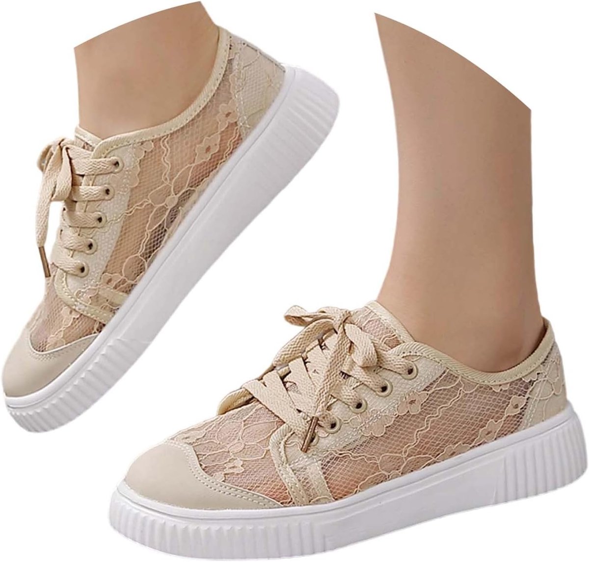 Trachten Weiße Sneaker Damen Spitzen - Dirndl Schuhe Flach Trachtenschuhe Mesh Sommerschuhe Bequem Bestickte Plateau Hochzeitsschuhe Brautschuhe Sommer Stoffschuhe Oktoberfest Turnschuhe, 35-43 EU
