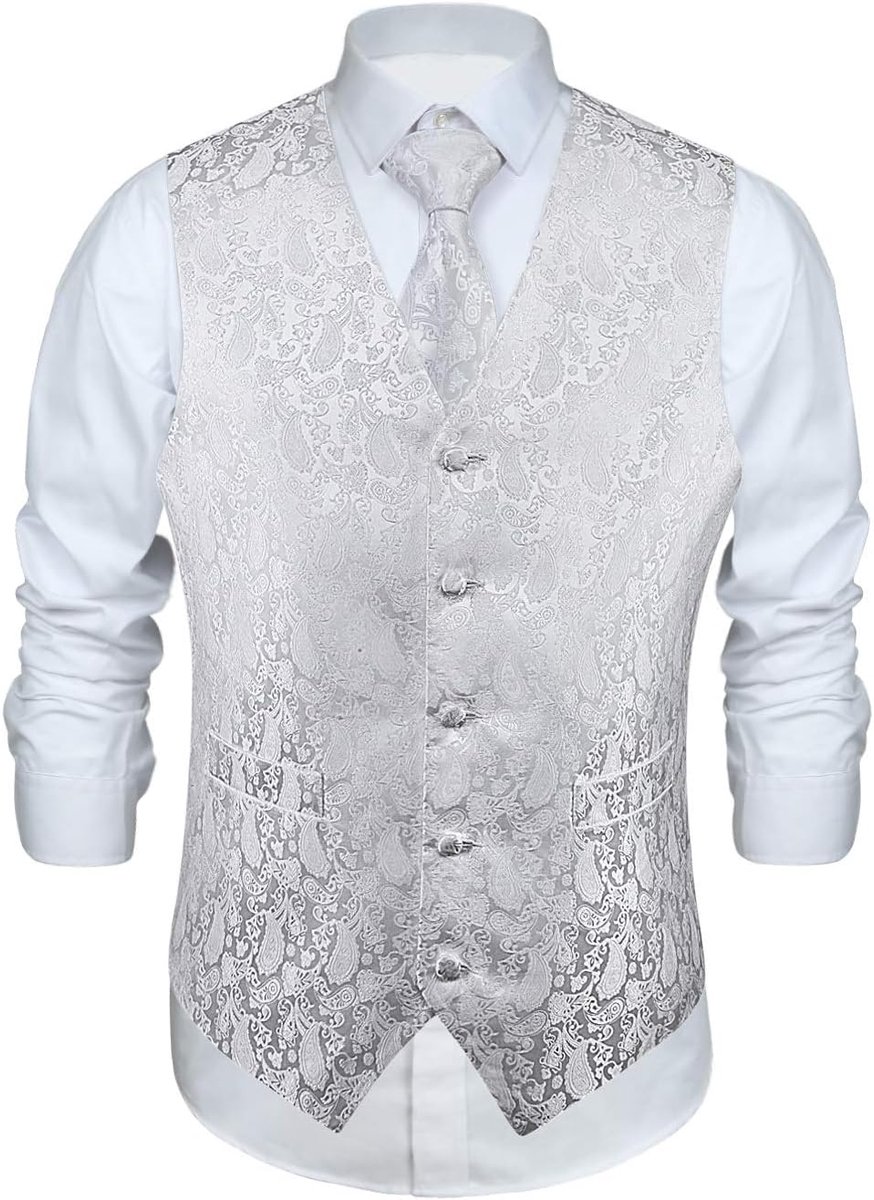 Gilet voor heren, paisley-gilet voor bruiloft, stropdas, pochet, bloemenpatroon, jacquard feestpak, set met gilet