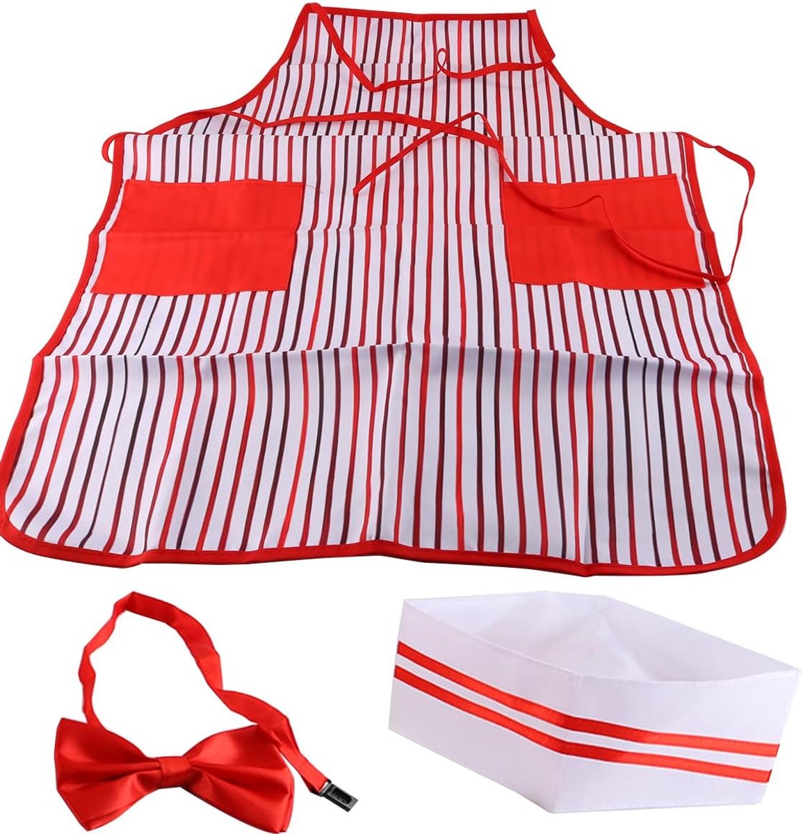 1 set accessoires voor een serveersterkostuum uit de jaren 50, koksmuts, rood-wit gestreept schort en vlinderdas voor Halloween, cosplay en carnaval