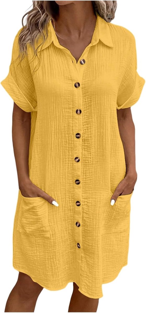 Sommerkleid Damen Leinen Kurzarm V-Ausschnitt Musselin Kleid Knielang Strandkleid Leicht Luftig Sommer Leinenkleid Freizeitkleid Knopfleiste Casual Tunika Kleider Shirtkleider mit Taschen Große größen