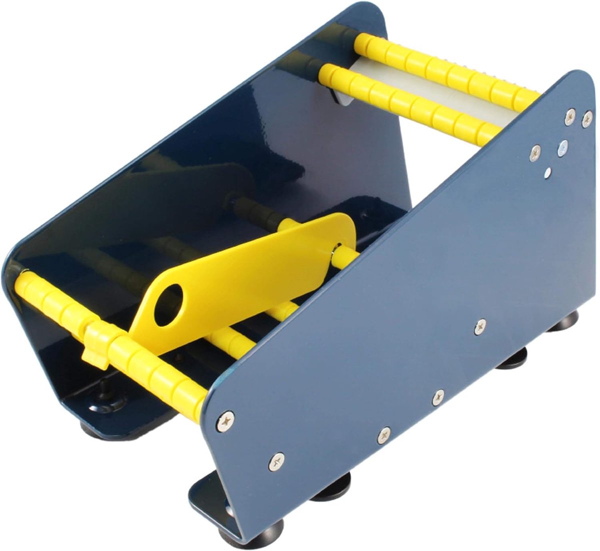 Labeldispenser, handmatige dispenser voor plakpunten en etiketten, bruikbare breedte naar keuze, voor eenzijdige en dubbelzijdige etiketten en kleefpunten, met zuignappen, van robuust metaal, tafelblad, breedte 113 mm, met rolscheider