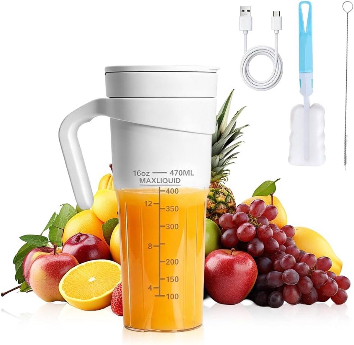Blender smoothie maker, 470ml USB mini mixer to go met lamp, wit