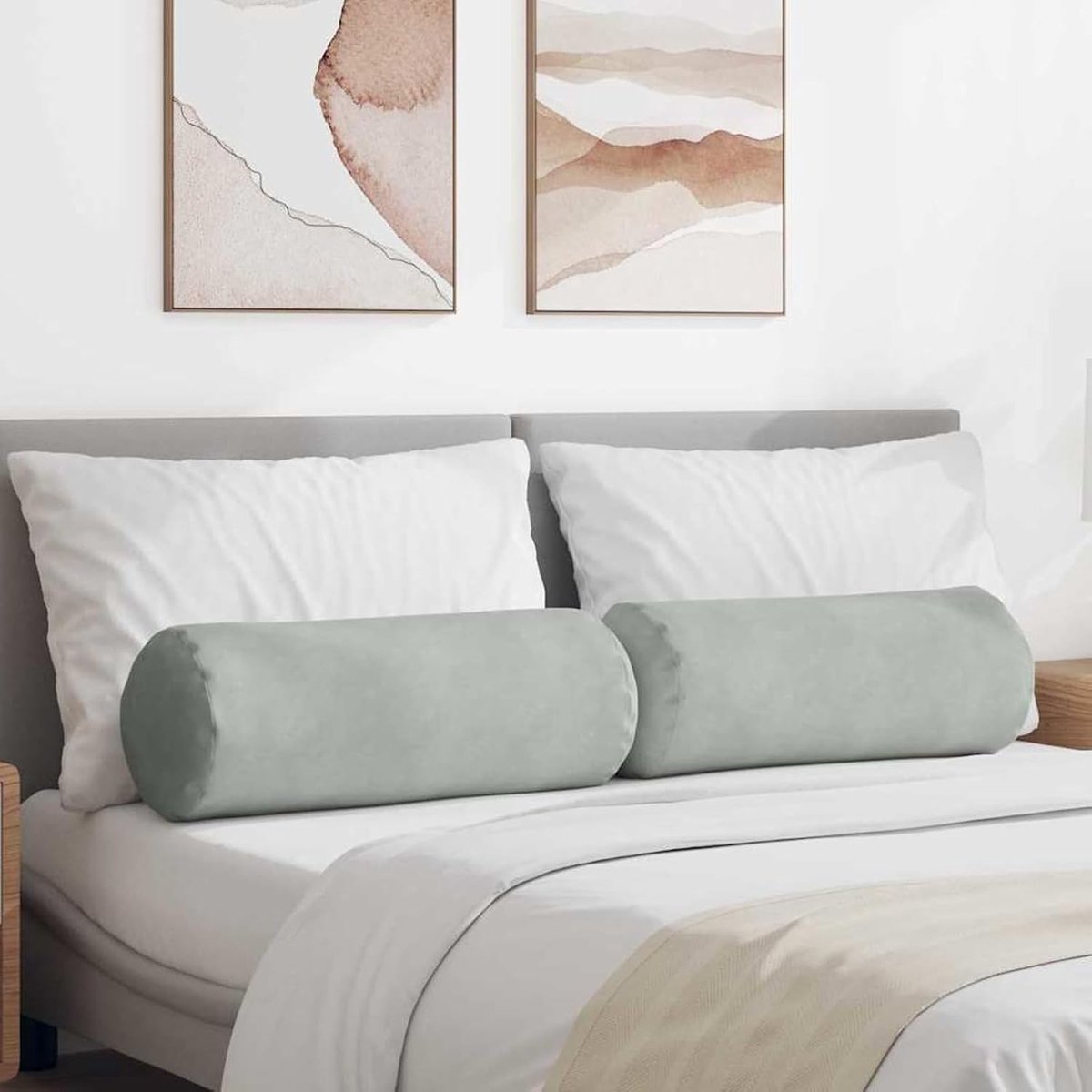 Bolsterkussen, 2 stuks, lichtgrijs Ø 25 x 70 cm, corduroy, rugkussen, bankkussen, tv-kussen in de slaapkamer, woonkamer, voor volwassenen, jongeren, senioren, 42014328