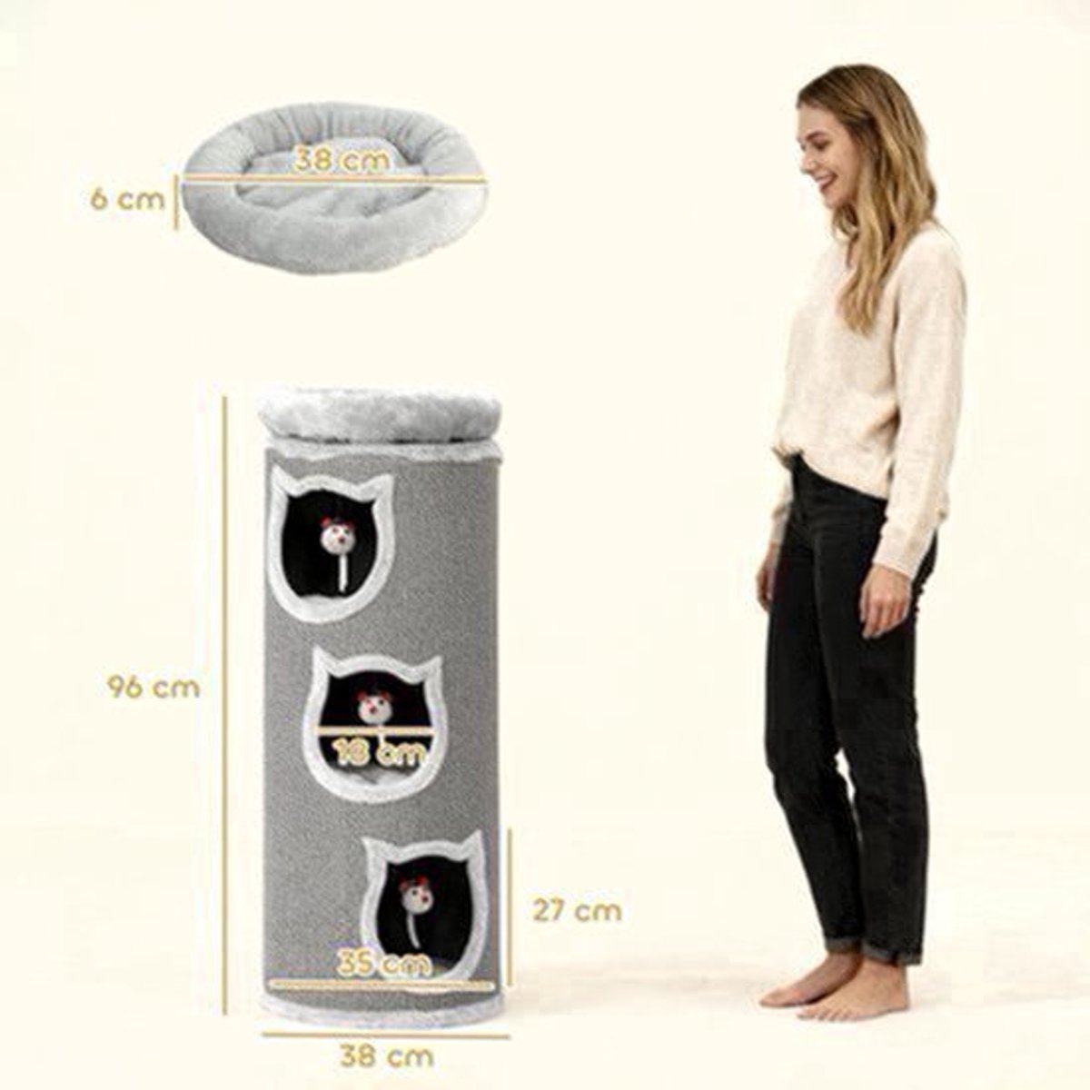 Kattenkrabpaal – Krabpaal – Kattenboom – Kattenhuis – Kattenmeubel – Grijs – 96 cm Hoog – 3 Holletjes Met Wasbaar Bed