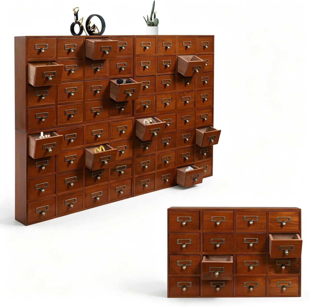 Ladekast met 64 laden, 4 stuks, vintage houten apothekerkast voor opslag, decoupage, sieraden, bruin (60 x 18,5 x 30,4 cm)
