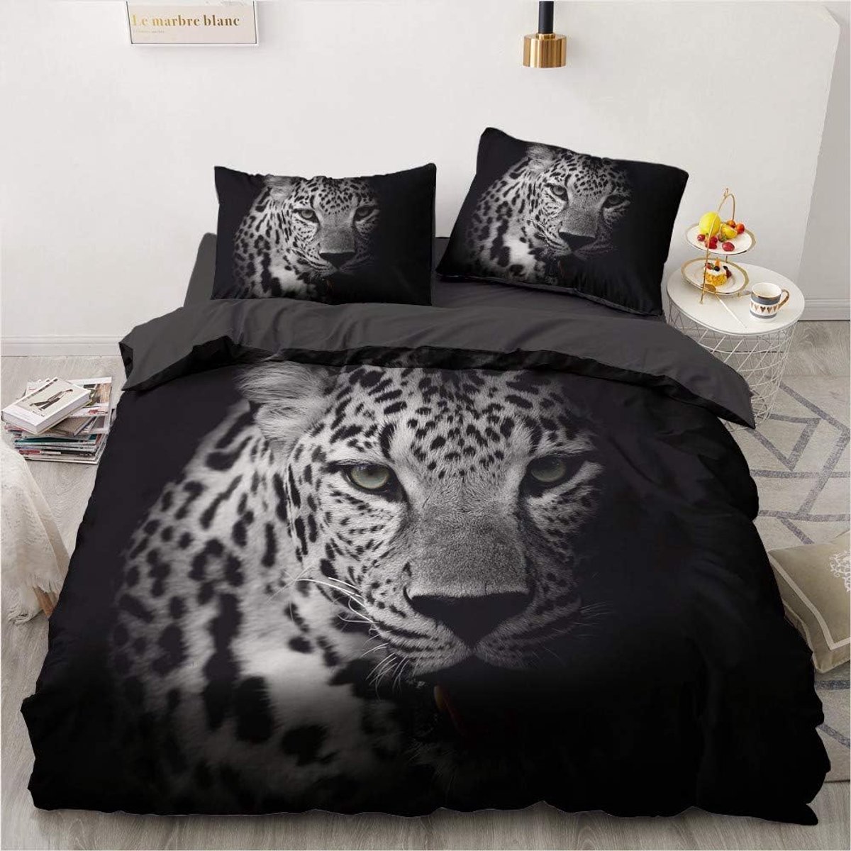 3D Beddengoed 135 x 200 Leopard Dierenmotief Zwart Grijs Beddengoedset Zacht Pluizig Microvezel Beddengoed 2-delig voor Geschenken Kamerdecoratie met Ritssluiting en 80 x 80 cm Kussensloop