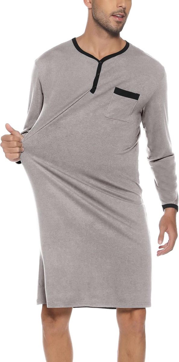 Nachthemd voor heren, katoenen pyjama met lange mouwen, korte mouwen, pyjama-bovenstuk, lang T-shirt, ronde hals met knopen, huiskleding, grote maat, zacht, comfortabel