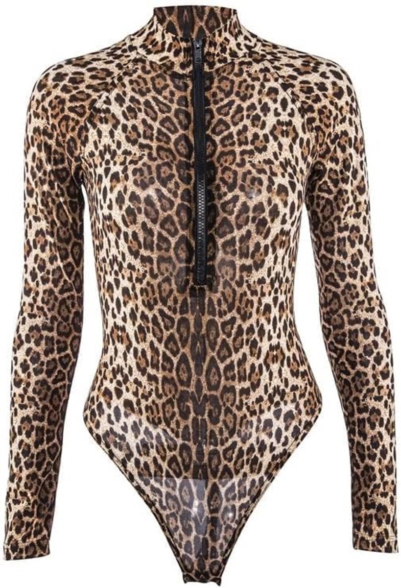 Body dames rolkraag bodysuit lange mouwen zacht stretch tops luipaard print slim fit sexy V-hals ritssluiting voorkant luipaard jumpsuit perfecte kleding voor casual partywear