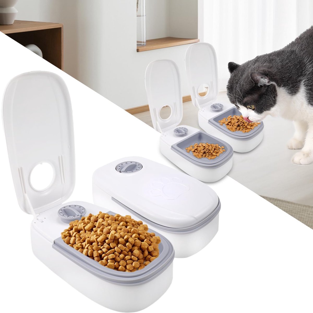 kat voor maaltijden, automatische voederdispenser kat, kattenvoerautomaat, voederautomaat voor katten en kleine honden