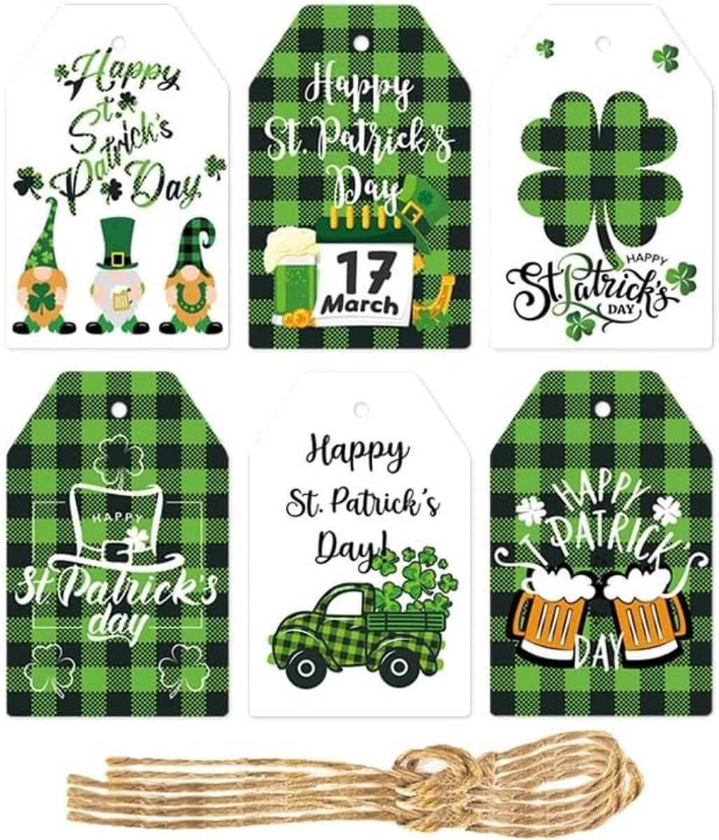 Dailygoods- Cadeaulabels 60 Stuks - St. Patrick's Day - Klaver Tags - Papieren Labels - Decoratie - Hennep Touw - Geschenktags