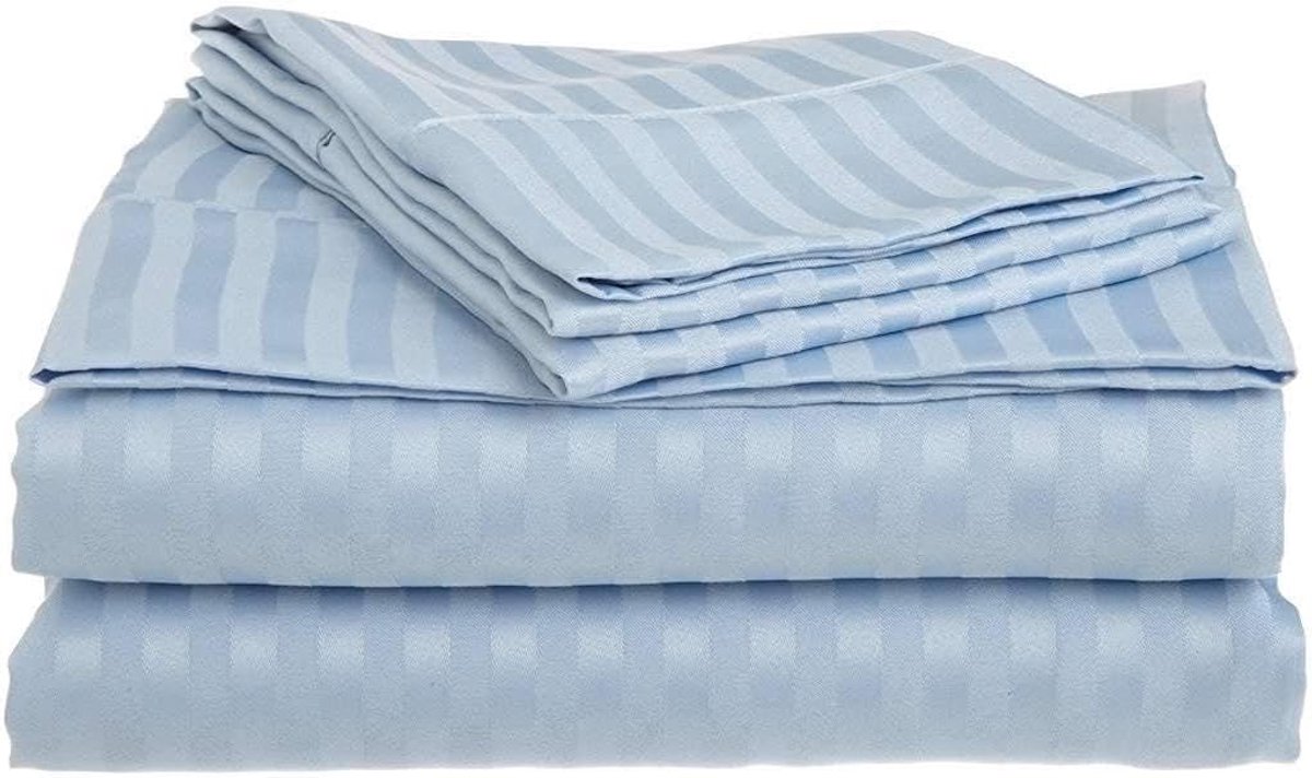 Zacht, 100% Egyptisch katoen, 6 stuks set 1 plat laken, 1 hoeslaken 35 cm diepe zak en 4 kussenslopen, 400 draadtelling-lichtblauwe streep, enkele maat.