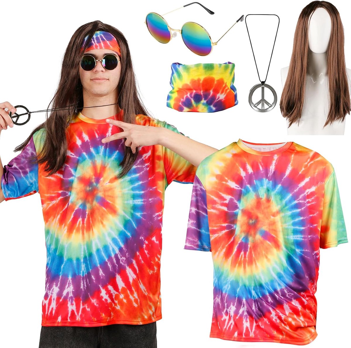 Hippiekostuum voor dames en heren, set 60, 70 en 80 stijl, hippie-accessoires, kleding met T-shirt, hippiebril, peace, ketting, pruik, hoofdband, disco, hippiekleding, carnavalskostuums