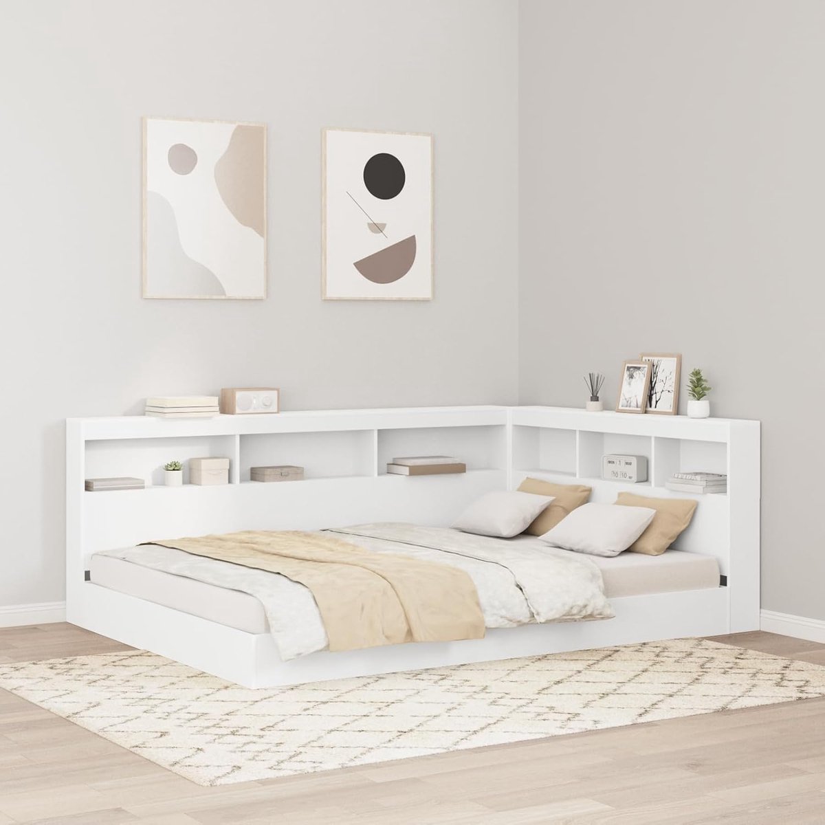 Hoofdbord met opbergruimte, met hoofdeinde met geheugen, wit, 135 cm, houtmateriaal, hoofdeinde voor boxspringbed, slaapkamer, hoteldesign