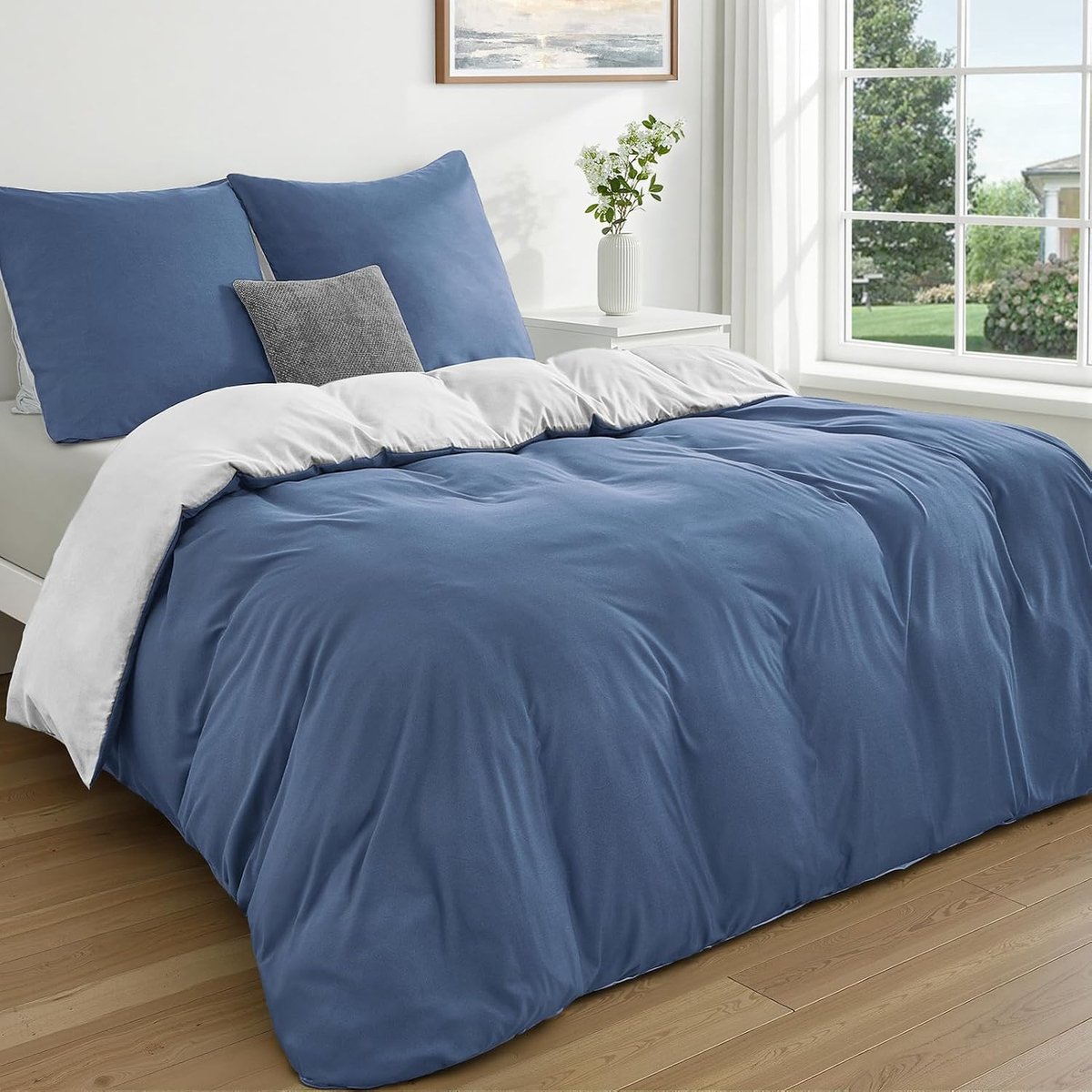 Beddengoedset voor twijfelaar, 155 x 220 cm, blauw/wit, 2-delig, microvezel, Oeko-Tex, omkeerbaar, zacht, strijkvrij, met ritssluiting, 1 dekbedovertrek 155 x 220 cm + 1 kussensloop 80 x 80