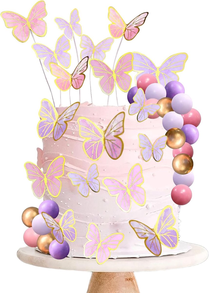 taart, 47 stuks verjaardagstaartdecoratie, 3D-vlinder, cupcake-decoraties, bal, taartdecoratie voor verjaardagen, feestdagen, bruiloften, babyshowers (A)
