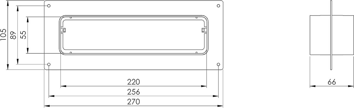 220 x 55 mm connector voor vlakke kanaalventilatiesystemen (man) - kunststof wandflens