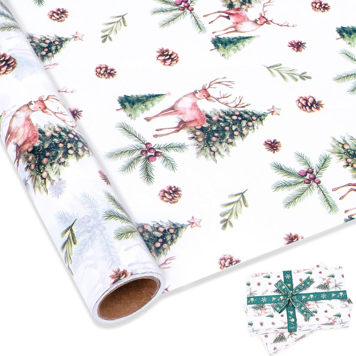 Zijdepapier Kerstrol, 10 m x 43 cm, elegant zijdepapier, verpakkingsmateriaal met rendieren, kerstboom, groen cadeaupapier, Kerstmis voor knutselen, vakantie, Nieuwjaar, feest