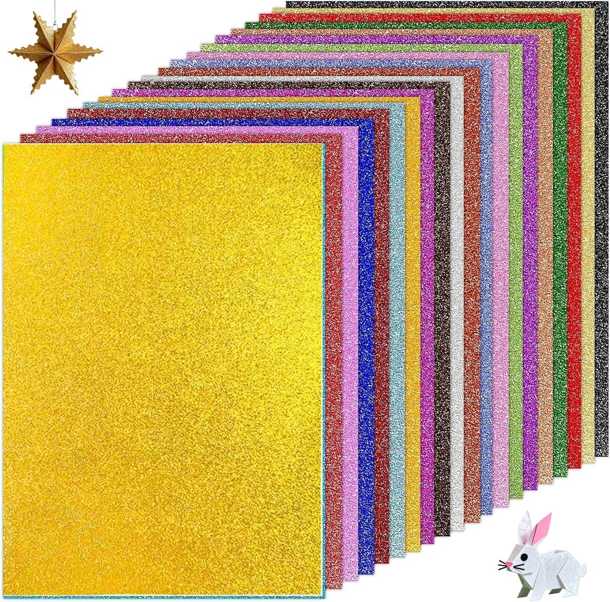 Glitterpapier om te knutselen, 50 vellen kleurrijk glitterpapier A4, 20 kleuren glitterpapier, 250 g/m² knutselpapier, glitter glitterkarton, voor scrapbooking, verjaardagsdecoratie, wenskaarten, 30 x