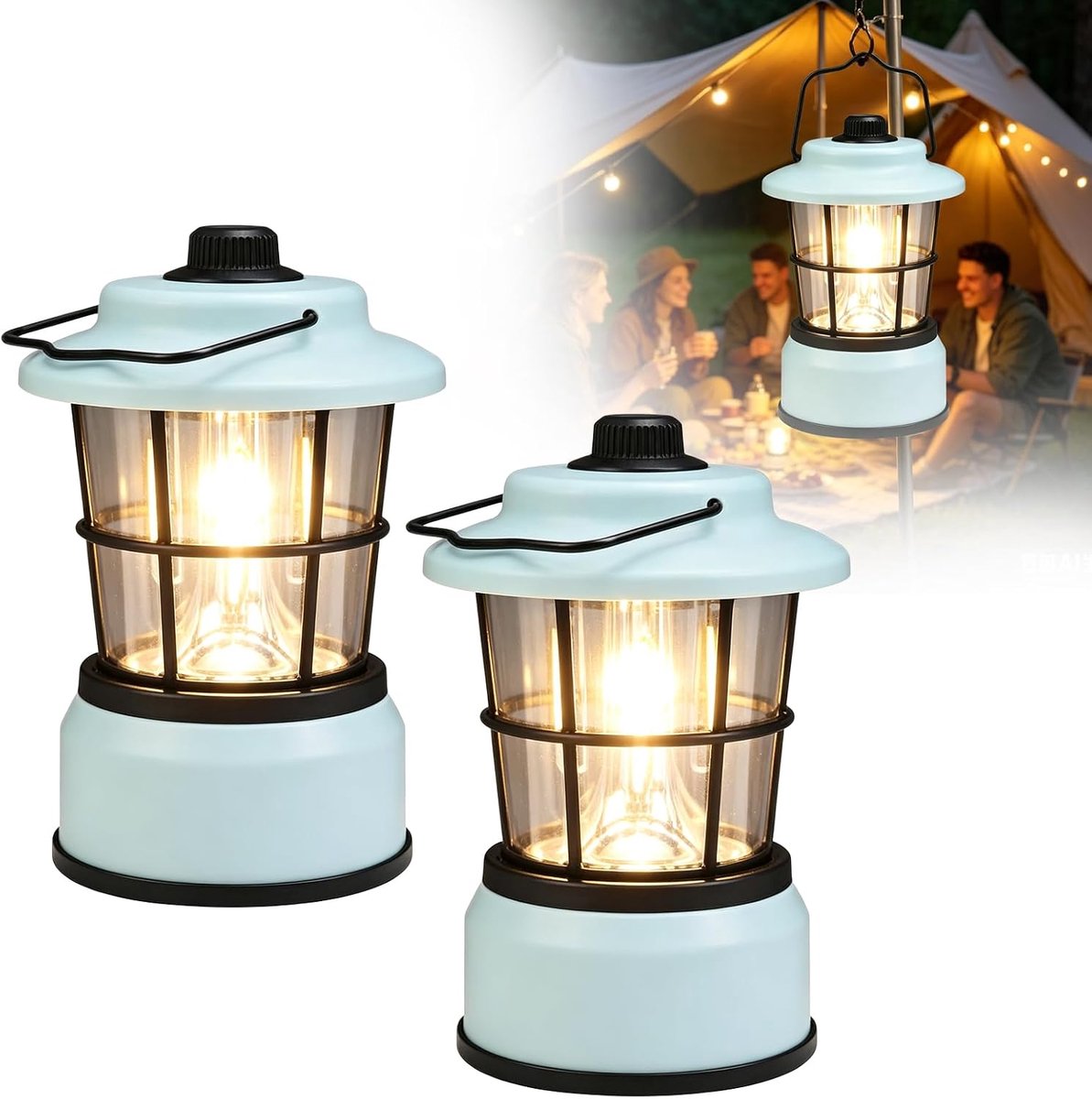 2 stuks draagbare campinglamp, led-campinglamp, dimbaar, tweekleurige campinglantaarn (wit/warm wit), bediening met wieltje, voor camping, tent, wandelen, noodgevallen, zeeblauw