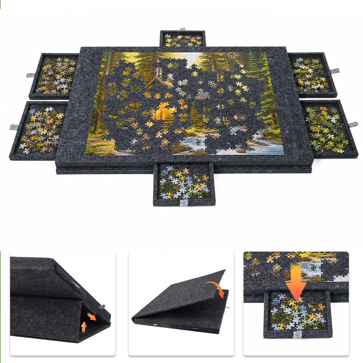 Veya Puzzelmat - Puzzelmat - 2 in 1 standaard en beschermhoes - Zwart - Tot 1000 stukjes - 6 Sorteerlades - Slechts 1.04 kg
