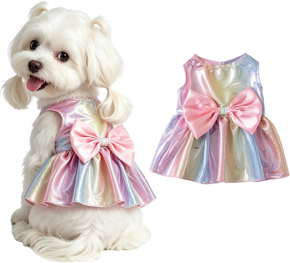 Rok Huisdier Jurk, Comfortabele Regenboog Hondenjurk met Strik, Gemakkelijk aan en uit te trekken Puppy Rok Zomer, Geschikt voor Verjaardag, Bruiloft, Fotoshoot (S)