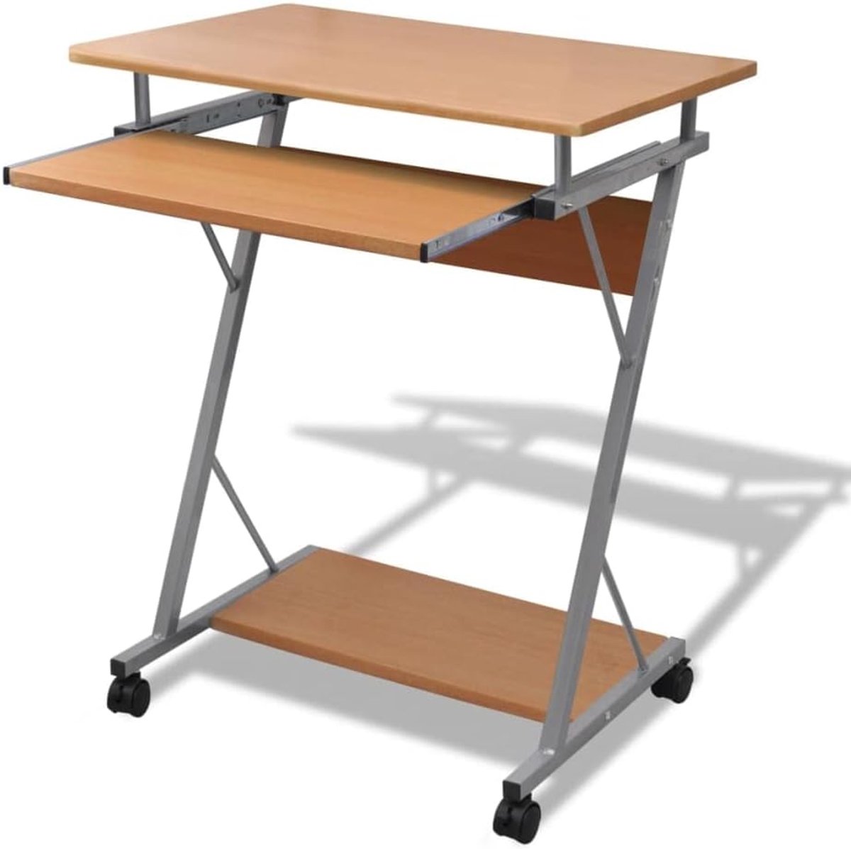 Computertafel met uittrekbare toetsenbordplank en draagbare onderplank op vier wielen, bruin, stabiele spaanplaat en gepoedercoat stalen frame, groot