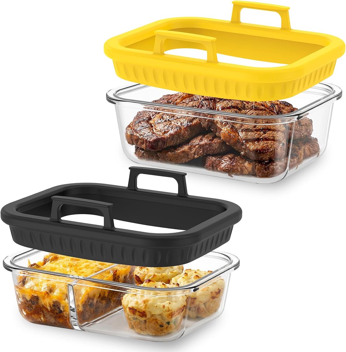 Set van 2 ovenvormen Airfryer glas 1100 ml, airfryer accessoires, glazen container met siliconen handgrepen, hittebestendige bakvorm voor heteluchtfriteuse met 2 kamers, Ninja en Cosori